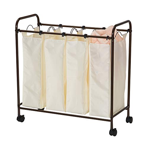 Household Essentials 7173 Rolling Quad Laundry Sorter with Removable Hamper Bags | Antique Bronze Frame - color: Natural/Bronze