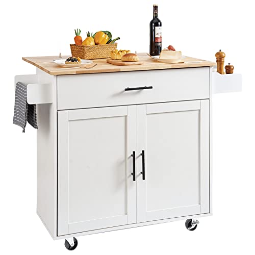 VEVOR Kitchen Island Cart with Solid Wood Top, 35.4" Width Mobile Carts with Storage Cabinet, Rolling Kitchen Table with Spice Rack, Towel Rack, Drop Leaf and Drawer, Portable Islands on Wheels, White - size: 35.4" W Drop Leaf, style: 1 Drawers & 2 Doors