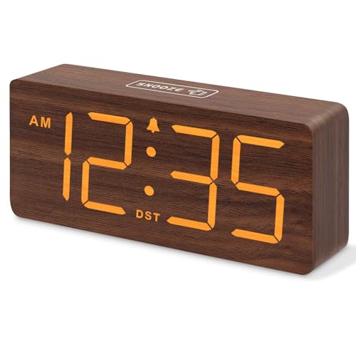 DreamSky Wooden Digital Alarm Clock for Bedroom with Large Numbers | Desk Clock for Living Room Office, Loud Alarm for Heavy Sleepers Adults, Volume Control, Dimmer, DST, Wood Decor (Plug-in) - color: Brown (Plug-in)