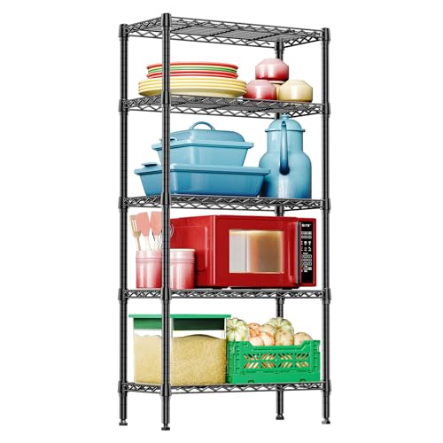 IZEUK 5-Tier Black Metal Storage Shelves, Heavy Duty Wire Shelving Unit for Home, Kitchen, Office, or Garage Organization, 1250 lbs Capacity, 13.8" D x 29.5" W x 59.5" H - color: Black, size: 5 Tier, 13.8" D x 29.5" W x 59.5" H