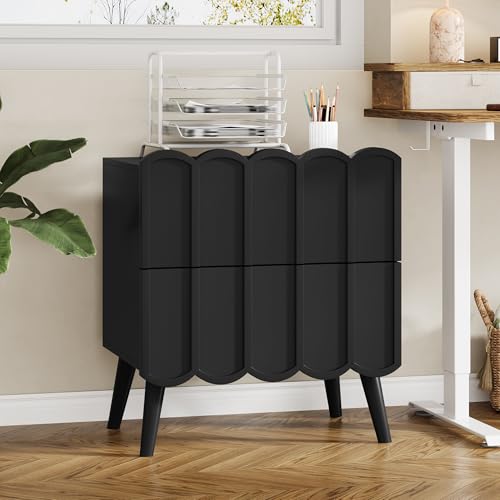 Modern Set of 2 Fluted Nightstand for Bedroom, Black Wood Bedside Table | End Side Table with Arch Curved Design, Night Stand with 2 Drawer - color: Black, size: 2 Pack