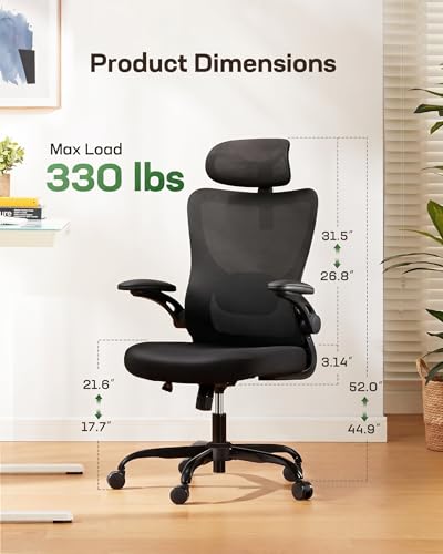 Marsail Ergonomic Office Chair: Office Desk Chair with High Back Mesh and Adjustable Lumbar Support Rolling Work Swivel Task Chairs with Wheel 3D Armrests and Headrest - color: Black