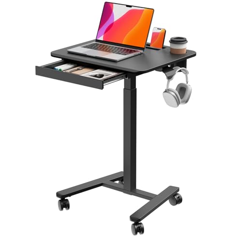 Small Mobile Standing Desk with Drawer, 23.6"x19.7" Rolling Laptop Cart on Wheels, Height Adjustable Sit Stand Computer Workstation with Storage for Compact Space, Black - color: Black, size: 24"