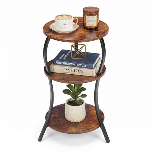 Vintage Small Round Side Table,3-Tier Slim Waist End Table for Small Spaces | Circular Table with Storage Shelf,Compact Tea Sofa Table Corner Table Nightstand for Living Room Bedroom ,Rustic Brown - color: Rustic Brown, style: Classic