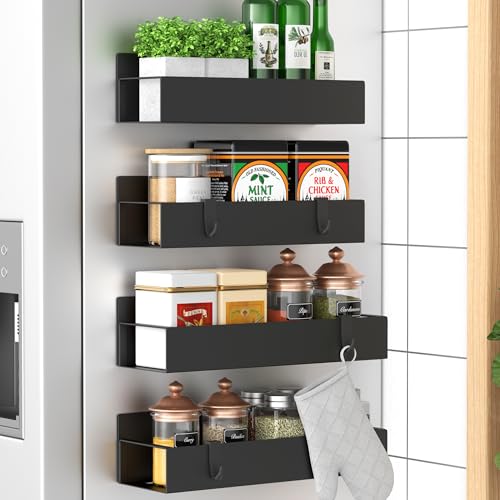 Metal Magnetic Spice Rack for Refrigerator Black, 4 Pack | Magnetic Shelves Heavy Duty for Fridge in Kitchen, Seasoning Storage Organizer, For Oven Washer and Dryer, For Heavier Items - color: Black, size: 4 Pack