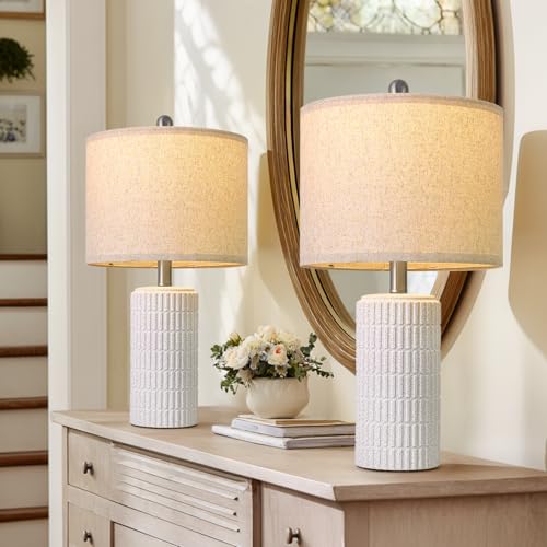 PoKat 20.75" Stone-Like Farmhouse Ceramic Table Lamps Set of 2 for Bedroom, White Bedside Lamps for Night Stands, Matte-Textured Decor Nightstand Table Lamps for Living Room End Table White - color: 20.75'' Small - Frosted White