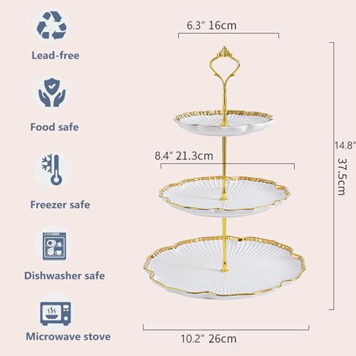 3 Tier Porcelain Serving Tray with Elegant Floral Gold Trim - Embossed Food Grade Tiered Cupcake Stand - Serving Stand for Parties & Weddings & Baby Showers - color: 10.2 Inch (3 Tier)