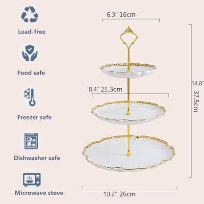 3 Tier Porcelain Serving Tray with Elegant Floral Gold Trim - Embossed Food Grade Tiered Cupcake Stand - Serving Stand for Parties & Weddings & Baby Showers - color: 10.2 Inch (3 Tier)