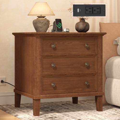 IKENO Solid Wood Nightstand with 3 Drawers, Tall Leg Bedside Table with Charging Station, Farmhouse Night Stand with Wood Slide Rail, Anti-Scratch Foot Pads for Bedroom，Walnut - color: Walnut