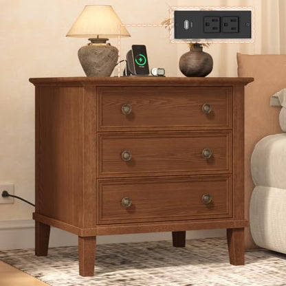 IKENO Solid Wood Nightstand with 3 Drawers, Tall Leg Bedside Table with Charging Station, Farmhouse Night Stand with Wood Slide Rail, Anti-Scratch Foot Pads for Bedroom，Walnut - color: Walnut