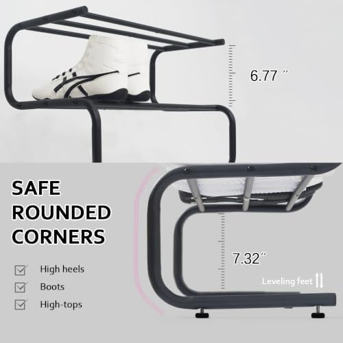 Black Metal Shoe Rack, 2 Tier 5-Shaped Shoe Storage Organizer, 24” Wide Compact Shoe Shelf for Entryway, Closet Floor, Hallway, Small Spaces, Free Standing Front Door Entrance Shoe Shelves