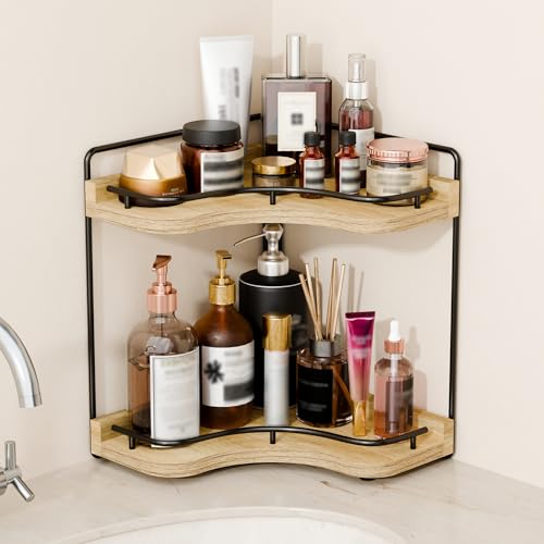 2-Tier Corner Bathroom Counter Organizers, Stable Wood Vanity Shelf for Perfume, Skincare & Makeup, Larger Size Countertop Organizer and Storage for Bathroom, Kitchen and Dresser(Light Brown) - color: Light Brown