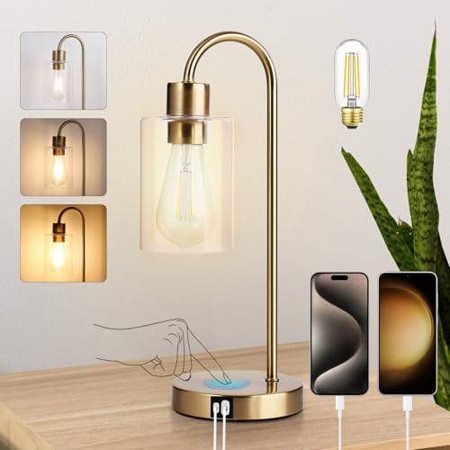 Gold Table Lamp with USB Port, 3 Way Dimmable Touch Control Bedside Lamp, Modern Nightstand Lamp with Glass Shade, Industrial Table Lamp for Bedroom Office, USB A & C, LED Bulb Included - size: 1 Pack