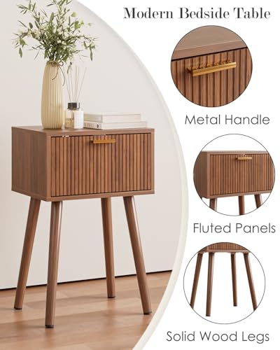 Night Stand Set 2, Walnut Nightstand with Fluted Doors, Small Modern Mid-Century Bedside Table for Bedroom, End Table for Living Room - color: Walnut