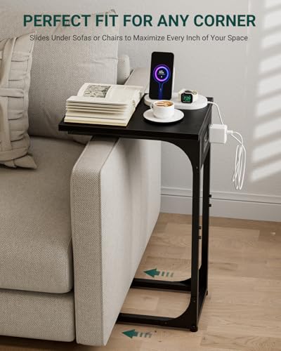 C-Shaped Side Table for Couch - Small Coffee Stand Sofa Tray Desk with Metal Frame Waterproof Scratch Resistant Wood Top and Built-in Charging Station, Black - color: Black, size: 1-Pack, style: Includes Power Outlets