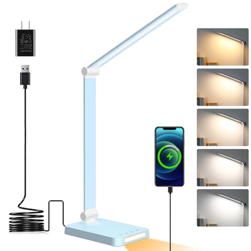 LED Desk Lamp with USB Ports,Touch Desk Lamps for Home Office with 5 Color Modes,3 Brightness Desk Light with Small Night Light,Reading Lamp Table Lamp for Bedroom Bedside Study Blue （with adapter） - color: Blue