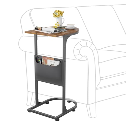 C Shaped End Table, Slide Under Small Side Table for Couch & Small Spaces | Wobble-Free C Table, Rustic Brown, Storage Bag, Sturdy Metal Frame, Wood Top, For Living Room Bedroom, 15-Min Quick Assembly - color: Classic Rustic Brown