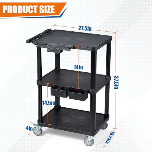 ELAFROS Heavy Duty 3-Tier AV Cart with Power Strip, 27.5 x 18.25 Inch, Industrial Plastic, 330 lbs Capacity, Flat Top Shelves with Swivel Wheels – Multipurpose Rolling cart - style: With Power Strip