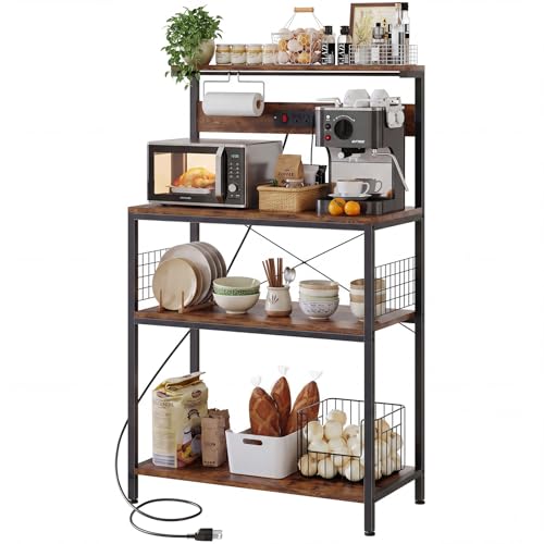DUMOS Bakers Rack with Power Outlet for Kitchen Storage, 31.5" Microwave Stand, Small Appliance Organizer with 3 Adjustable Tiers for Small Apartment, Coffee Station, Counter Space Saving, Brown - color: Brown, size: 31.5 inch
