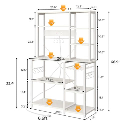 SUPERJARE Large Bakers Rack with Power Outlets, 6-Tier Microwave Stand, Coffee Bar with 12 S-Shaped Hooks, Kitchen Shelf with Wire Basket, 39.4 x 14.6X 66.9 Inches, White - color: White, size: 39.4inch