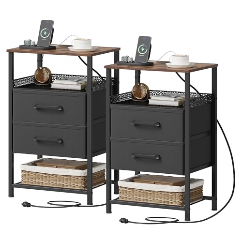 JARHETUN Nightstand Set of 2, Night Stands with Charging Station, 26.4 Inch Tall Bedside Table with Metal Shelf, Side Table with 2 Fabirc Drawers for Bedroom, Rustic Brown - color: Rustic Brown, style: Power
