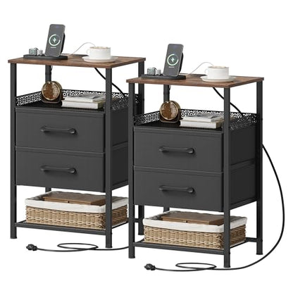 JARHETUN Nightstand Set of 2, Night Stands with Charging Station, 26.4 Inch Tall Bedside Table with Metal Shelf, Side Table with 2 Fabirc Drawers for Bedroom, Rustic Brown - color: Rustic Brown, style: Power