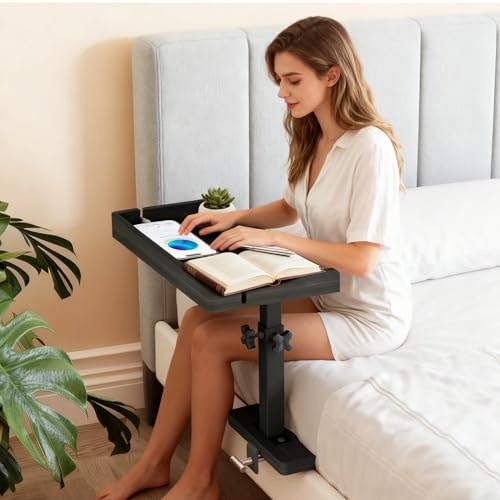Bedside Shelf for Bed Frame, Clamp On Bedside Table Organizer, Dorm Room Nightstand Alternative for Phone, Glasses, Laptop, Books, Small Storage Tray for Bunk Bed College Dorm (Black)