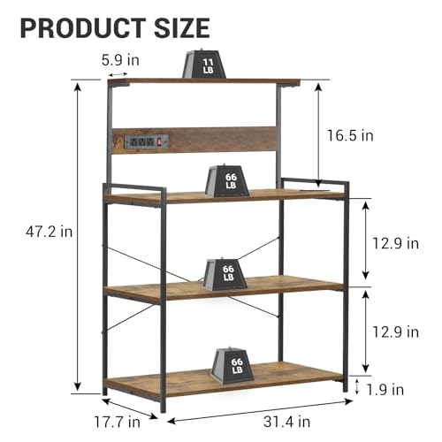 4-Tier Kitchen Baker's Rack with Power Outlet, Microwave Stand and Storage Shelves, Coffee Station Organizer (Rustic Brown) - color: Brown