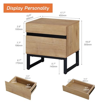 WAMPAT Modern End Table with 2 Drawers, Farmhouse Sofa Table with Black Square Iron Leg, Wood Rustic Side Table for Living Room, Nightstand for Bedroom, Oak, 17.7''L x 15.5''W x 19.8''H - color: Oak