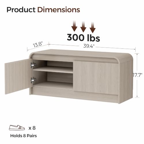 Homleke Modern Curved Entryway Shoe Storage Bench | 39.4" Wooden Shoe Cabinet with Doors, Hidden Handle Design, Holds 8 Pairs, for Bedroom & Living Room, Light Gray Oak