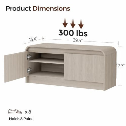 Homleke Modern Curved Entryway Shoe Storage Bench | 39.4" Wooden Shoe Cabinet with Doors, Hidden Handle Design, Holds 8 Pairs, for Bedroom & Living Room, Light Gray Oak