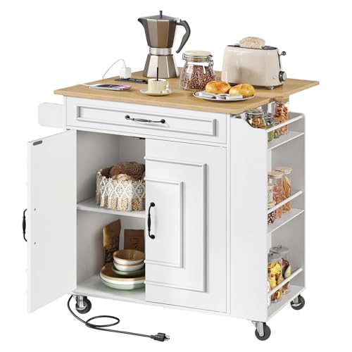 RALGEND Kitchen Island with Power Outlets & Drop Leaf, Rolling Kitchen Cart on Wheels, Kitchen Storage Island with Spice Rack and Drawer, Mobile Island Table for Kitchen, Dinning, White and Natural - color: White + Natural