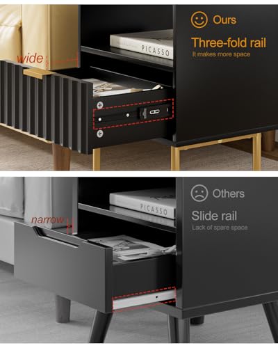 Night Stand,Modern Bedside Table with Drawer and Shelf,Black Night Stand with Gold Frame,Small Side Table for Bedroom,Living Room - color: Black