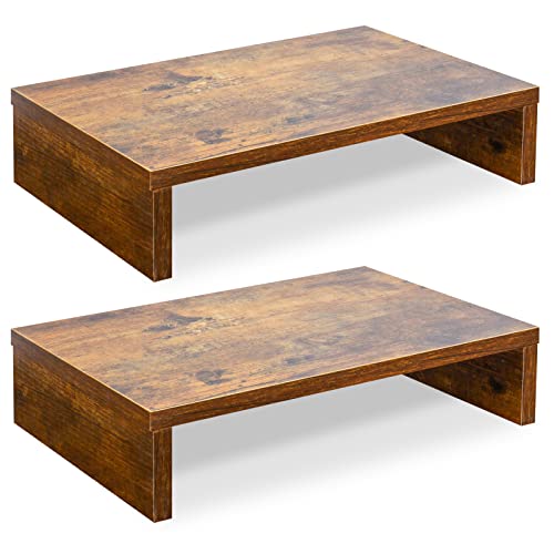 TEAMIX 2-Pack Wood Monitor Riser, Desk Stand for 2 Monitors, Rustic Brown | Holds 80Lbs, Stacked/Separate Use, 2 Tier Adjustable, Use as Laptop/TV Riser, Computer Stand for Home Office Desk, Gaming - color: Brown