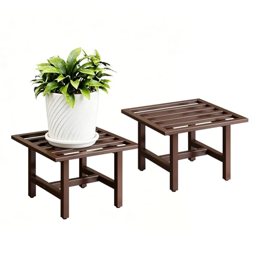 Heavy Duty Metal Plant Stand Outdoor, 330 lbs Iron Square Plant Stand Indoor, Rustproof Low Pedestal for Large Flower Pots, Patio, Balcony, Garden Decor 2 Pack Coffee - color: 2 pack coffee