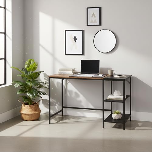 FurnitureR 43" Industrial Computer Desk with 2-Tier Metal Mesh Shelves, Home Office Writing Table with Storage, Sturdy Steel Frame & Rustic Wood Desktop for Study, Workstation, Gaming, Small Spaces