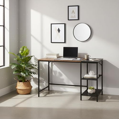 FurnitureR 43" Industrial Computer Desk with 2-Tier Metal Mesh Shelves, Home Office Writing Table with Storage, Sturdy Steel Frame & Rustic Wood Desktop for Study, Workstation, Gaming, Small Spaces