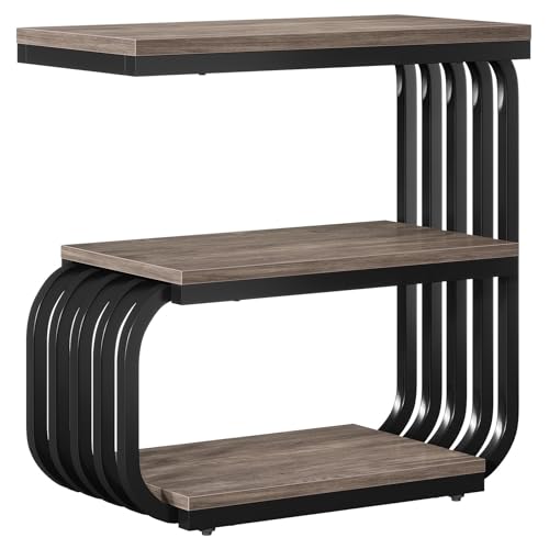 Tribesigns Small Narrow End Table with Storage Shelf, Industrial Side Tables with Curved Metal Frame, 3-Tier Accent Table and Nightstand for Living Room, Bedroom, Small Space (1, Grey) - color: Grey