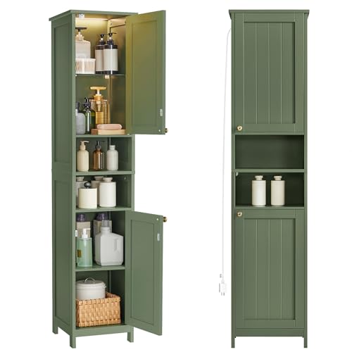 VASAGLE Tall Bathroom Cabinet with Lights, Slim Freestanding Bathroom Storage Cabinet with Adjustable Shelves, for Small Spaces, Modern, 15.7 Inches Wide, Forest Green UBBC766C01 - color: Forest Green, size: 11.8"D x 15.7"W x 66.9"H, style: with Lights