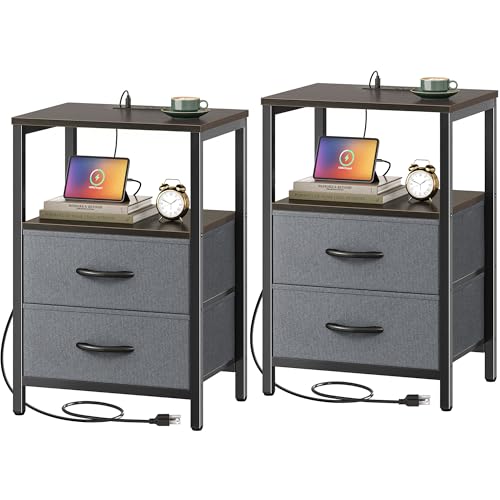 Huuger Nightstands Set of 2, End Tables with Charging Station, Fabric Drawers, Bedside Tables with USB Ports and Outlets, Night Stands for Bedroom, Walnut - color: Walnut, size: 11.8"d X 15.7"w X 23.6"h (2 Drawers)