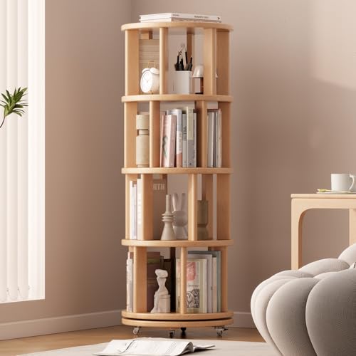 Solid Wood Rotating Bookshelf on Wheels, 4 Tier, Round Revolving Bookcase, 360° Spinning Book Shelf Tower for Kids, Narrow Rolling Bookshelves for Small Space, Corner, Bedroom, Office, Natural - color: Natural, size: 4 Tier