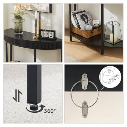 Fluted Half Moon Console Table, Modern 2-Tier Black Entryway Console | Sofa Back Table for Living Room, Hallway & Foyer (36" Width) - style: Basic