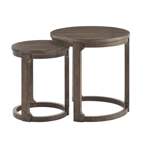 Round End Side Table Set of 2, Handcraft Nesting Table for Living Room, Modern Wood Circle Style, Easy Assembly, Dark Brown - color: S1-2pcs-dark Brown