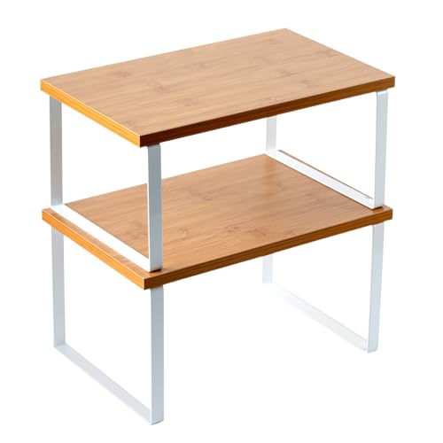 2Pack Expandable Stackable Cabinet Shelf, Metal-Wood, Warm Bamboo - color: Bamboo Color