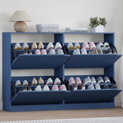 BORNOON Shoe Cabinet with 4 Flip Drawers, Narrow Hidden Shoe Storage Cabinet, Slim Freestanding Shoe Rack Organizer for Entryway, Hallway, Bedroom, Living Room - color: Blue, size: 4 Drawers