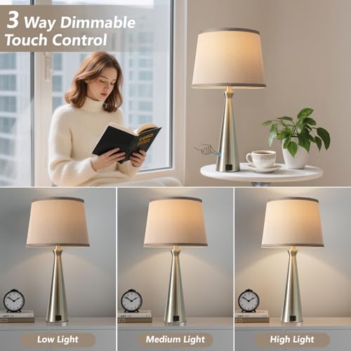 Seealle Modern Table Lamps Set of 2 - Touch Bedside Lamp for Nightstand with Dual USB C+A,3-Way Dimmable Silver Nightstand Lamps for Living Room Bedroom End Table with Grey Shade(Bulb Included) - color: B. Silver-Grey
