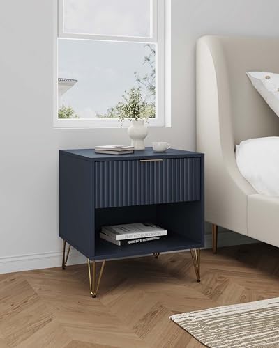 JOSHEN Sturdy Metal Legs Nightstand, Bedside Stand with Textured Drawer, Accent Table for Bedroom for Indoor use, Dark Blue - color: Dark Blue