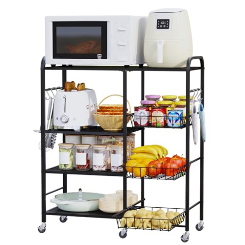 HapiRm Rolling Kitchen Microwave Cart - 4 Tier Microwave Table Stand with Pull-Out Baskets, Coffee Bar Baker's Rack with Wheels Rolling Storage Cart Organizer Shelf for Living Room Office, Balcony - color: Black