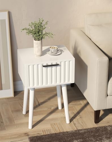 YMYNY Fluted Nightstand Set of 2, Small End Table, Modern Coffee Table with Drawer, Solid Wood Legs, Retaining Chain, 13.8" x 10.6" x 20.9", for Bedroom and Small Spaces, White UHST014W-2 - color: White