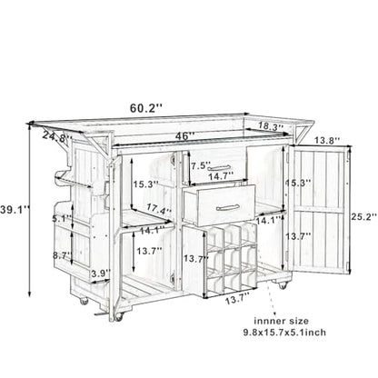 Modern 60.2''W Outdoor Kitchen Island with Wheels, Rolling Patio BBQ Kitchen Cart with Stainless Steel Top, Wood Grill Cart with Spice Rack&Wine Rack,2 Drawers, Brown - style: Brown